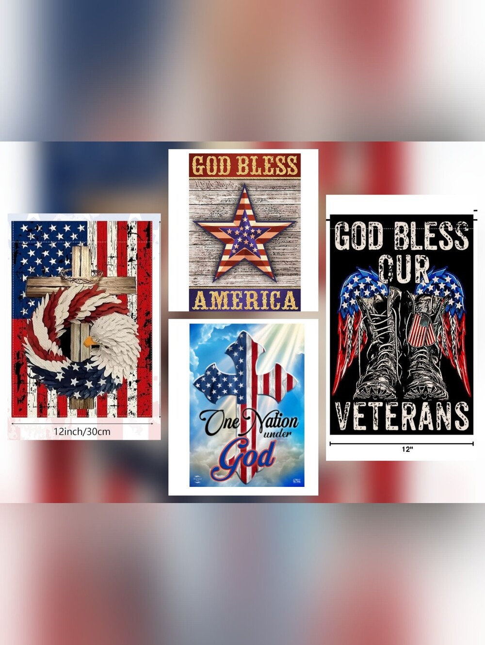 **NEW** Lot Of 4 Patriotic & Religious Garden Flags, 12"x 18"